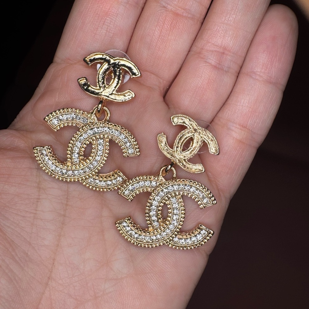 Gold and Crystal Double C Earrings